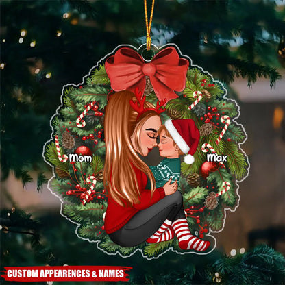 Grandma Mom Hugging Kid Sitting On Christmas Wreath Personalized Piggy Bank or Ornament or Plaque or Keychain or Poster