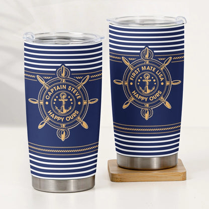 Insulated Travel Tumbler with Custom Captain Name, Navy Stripes Anchor Wheel, Thoughtful Gift for Boat Lovers
