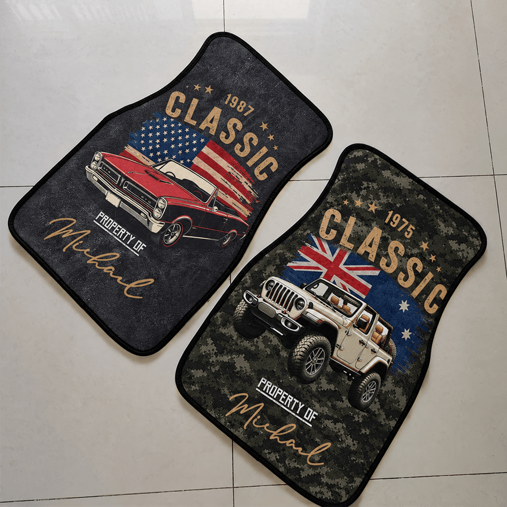 Personalized Classic Car Floor Mats with Custom Name, Year & Flag, Gift for Dad, Husband, Boyfriend or Car Lover