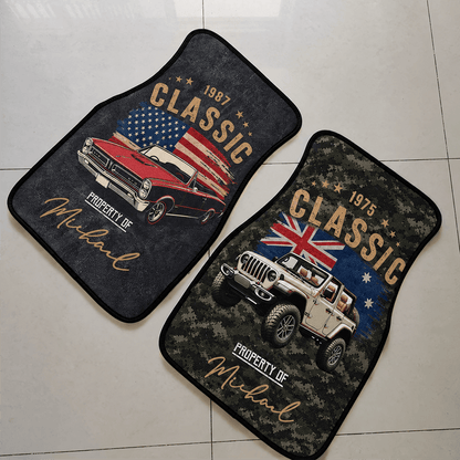 Personalized Classic Car Floor Mats with Custom Name, Year & Flag, Gift for Dad, Husband, Boyfriend or Car Lover