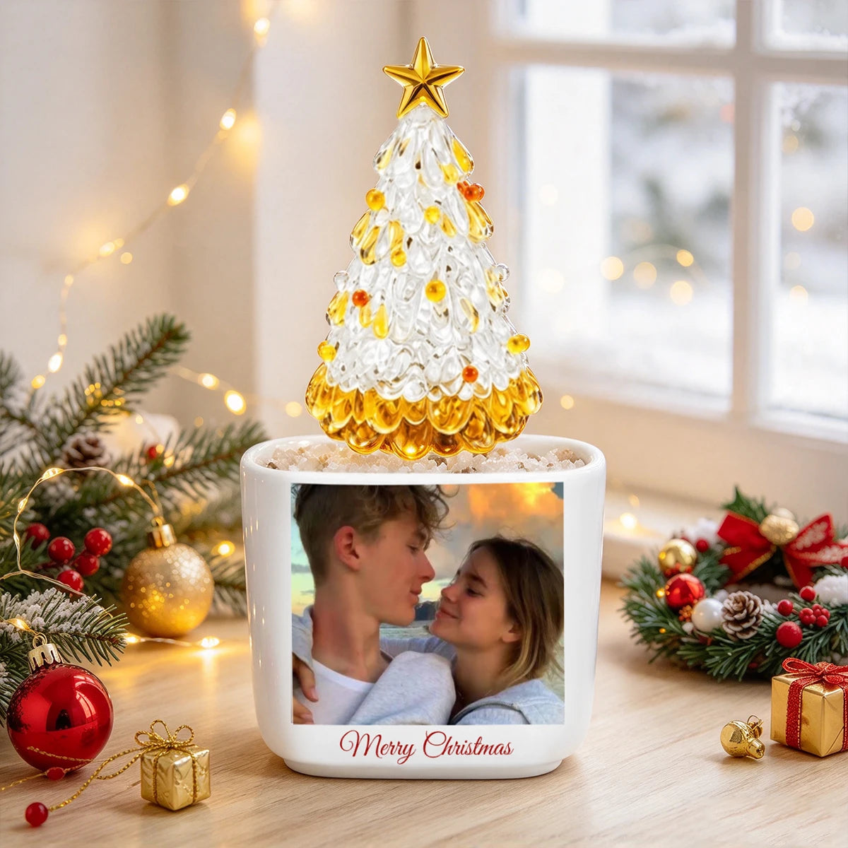Square Glass Planter, Personalized Grandparent Keepsake with Cozy Christmas Hug, Creative Gift for Family