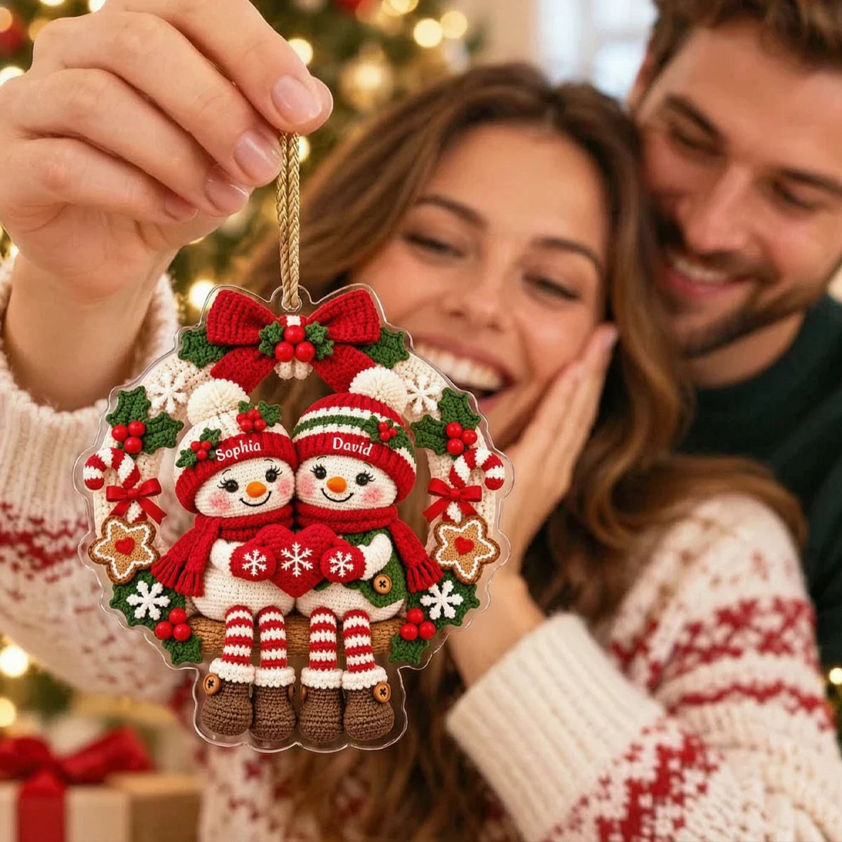 Personalized Crochet Style Snowman Couple Acrylic Ornament, Cute Christmas Wreath Decoration, Romantic Gift for Couples
