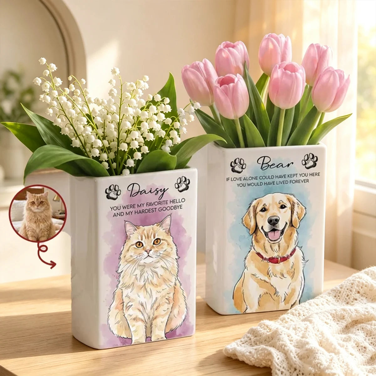 Personalized Ceramic Book Vase with Watercolor Pet Portrait, Unique Memorial Gift for Pet Owners