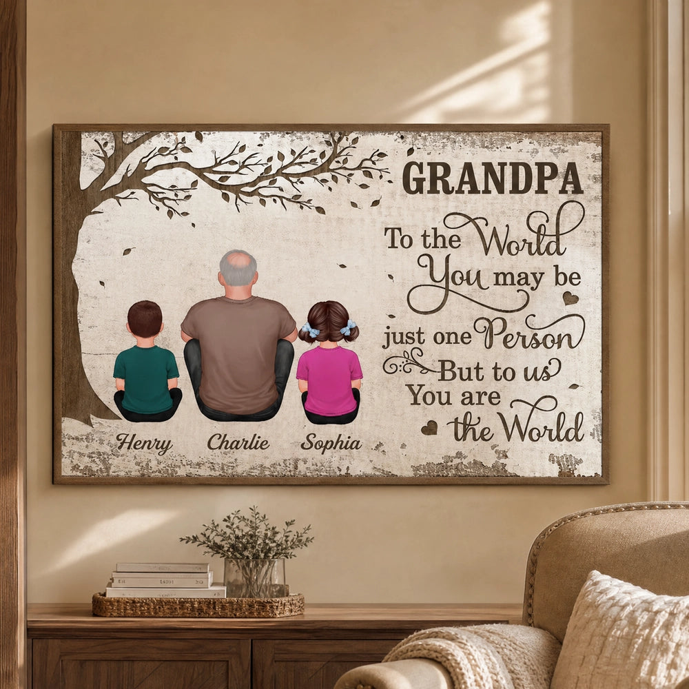 Grandpa To the World Poster, Custom Family Wall Art with Kids Under Tree, Creative Gift for Grandpa