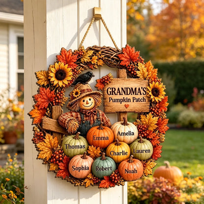 Personalized Wooden Sign with Scarecrow Pumpkin Patch, Autumn Door Decor, Unique Gift for Grandma