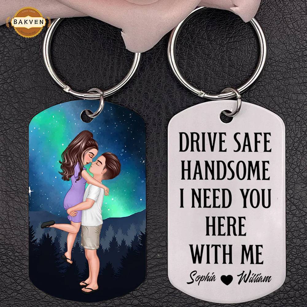 Drive Safe keychain with couple kissing under stars personalized engraving on stainless steel1