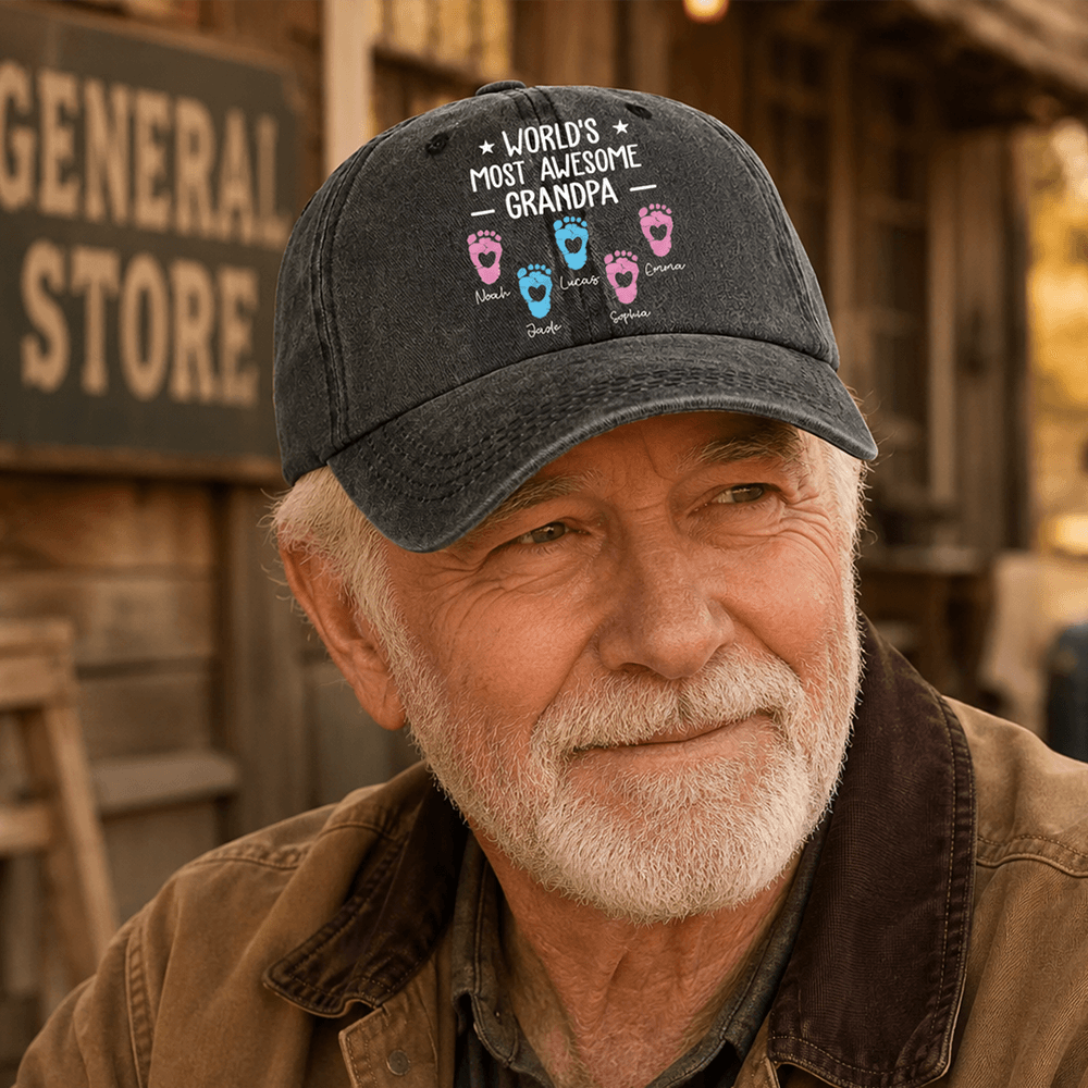 Personalized Grandpa Hat or Shirt, Custom Grandkids’ Names & Footprints, Unique Father’s Day or Birthday Gift