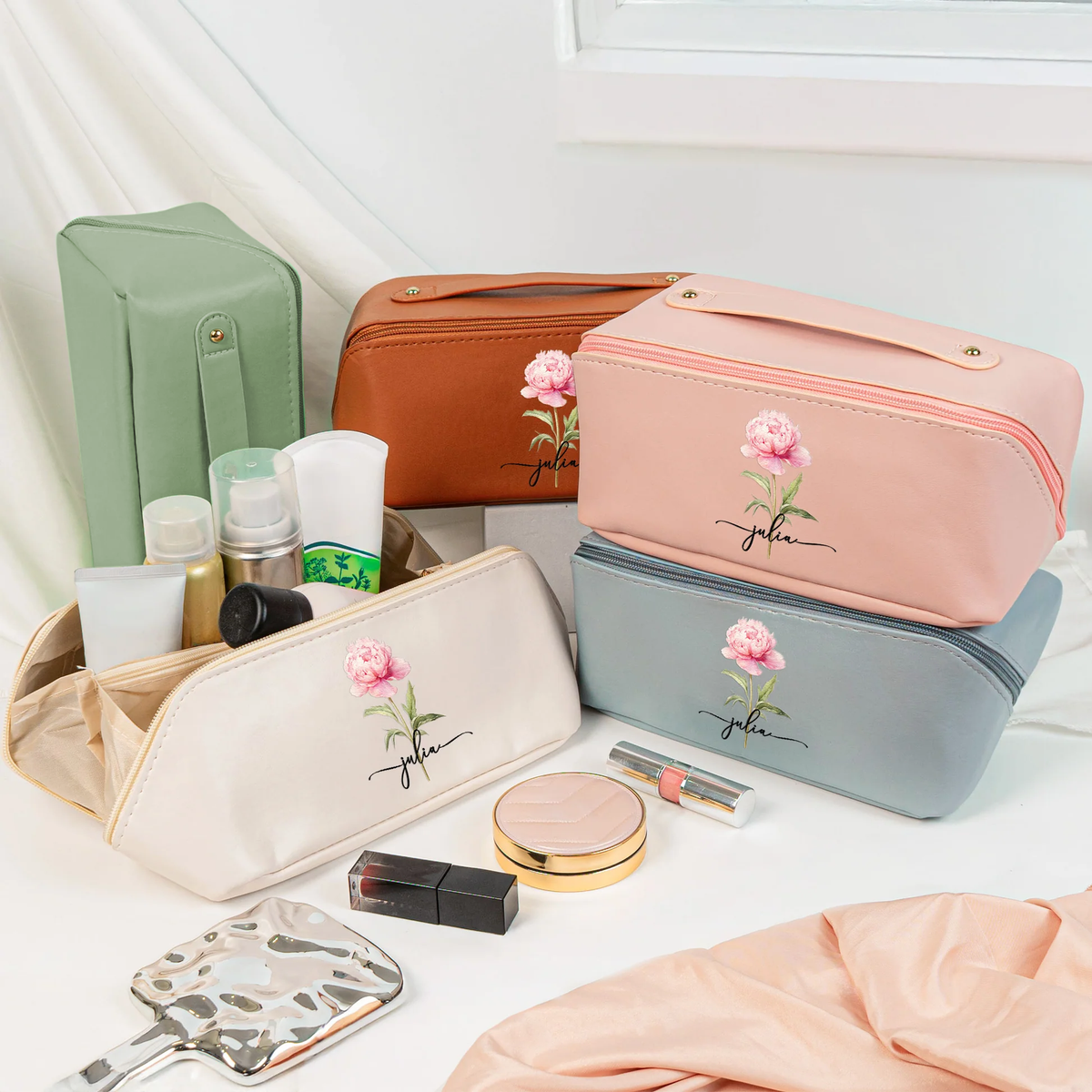 Custom Birth Flower Leather Makeup Bag – Elegant Pink Toiletry Case with Personalized Initials, Spacious Portable Storage & Thoughtful Gift Option
