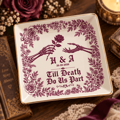 Personalized Gothic Jewelry Dish – Till Death Do Us Part, Custom Initials & Date Gift for Couples