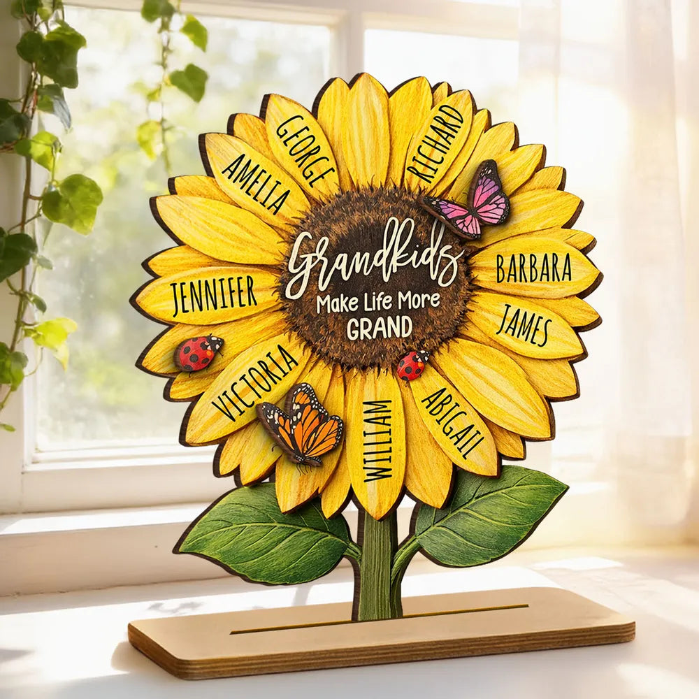 Personalized Sunflower 2-Layer Wooden Plaque for Grandma, Grandkids Make Life More Grand, Unique Gift for Her