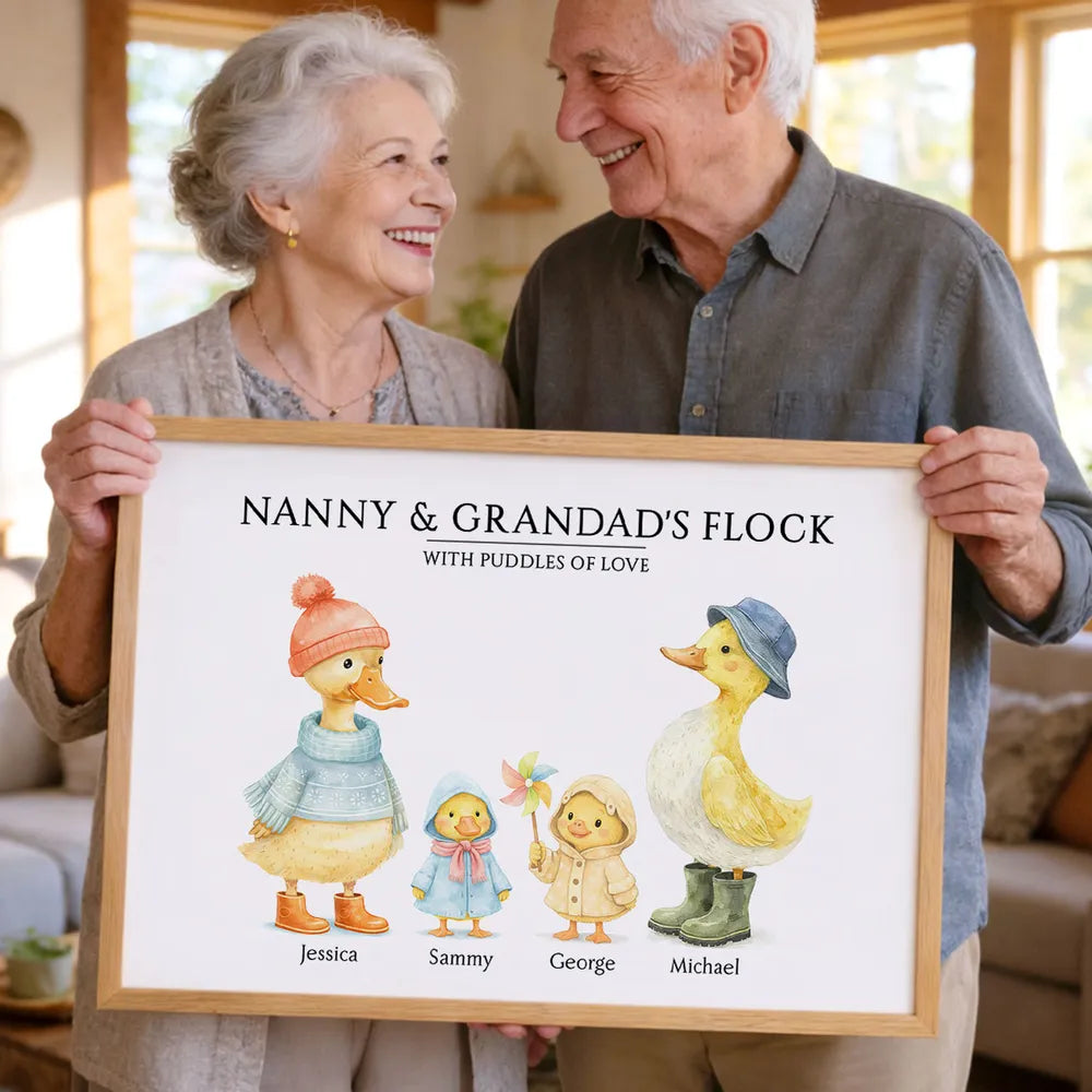 Personalized Grandparents Poster, Cute Watercolor Duck Family Wall Art, Unique Gift for Grandma & Grandpa, Warm Home Decor