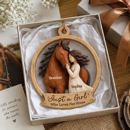 Personalized Wooden Ornament, Girl Hugging Horse in Rustic Brown Tones, Unique Christmas Gift for Horse Lover