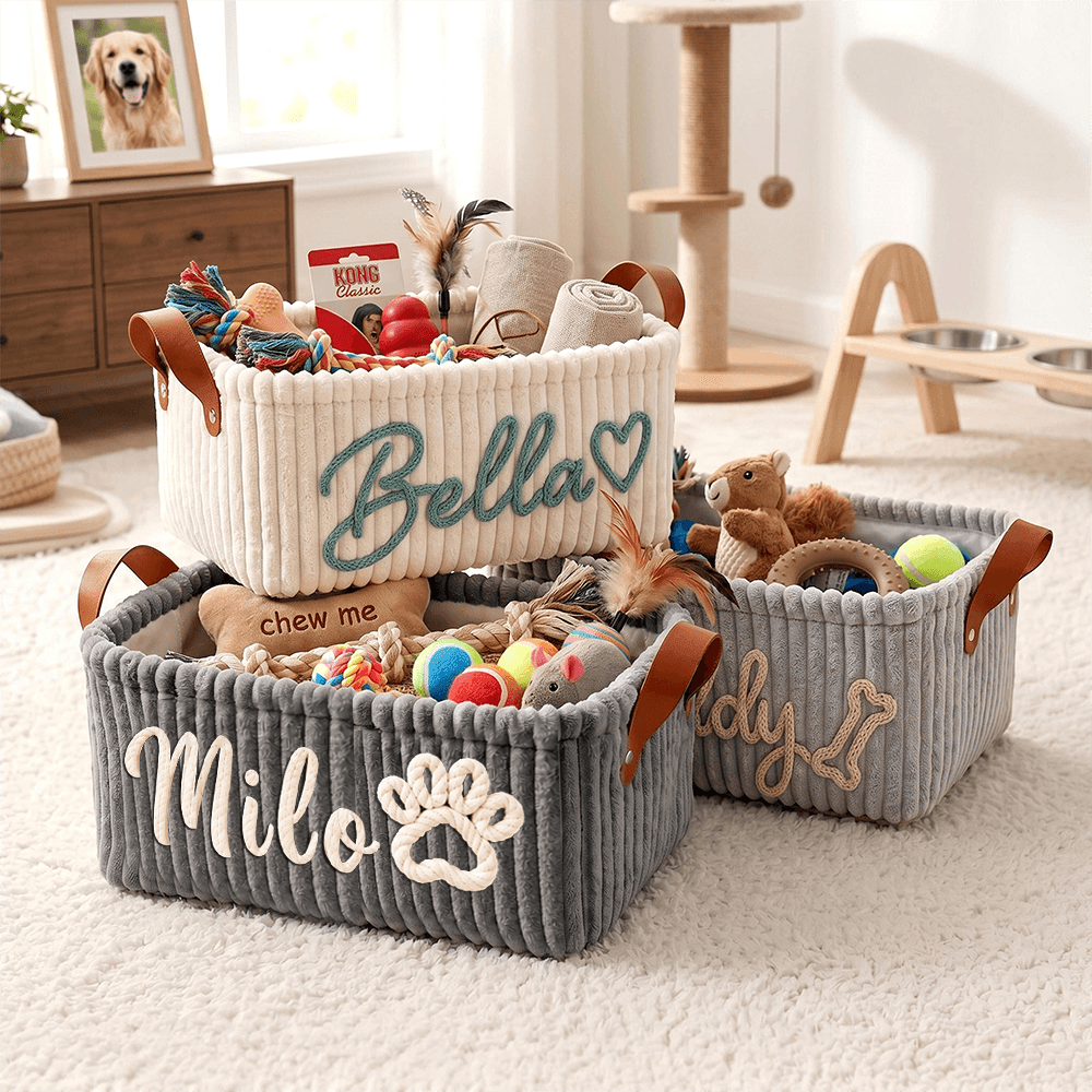 Crochet Corduroy Rope Basket, Custom Embroidered Effect Dog Toy Storage for Cozy Room, Unique Gift for Dog Mom