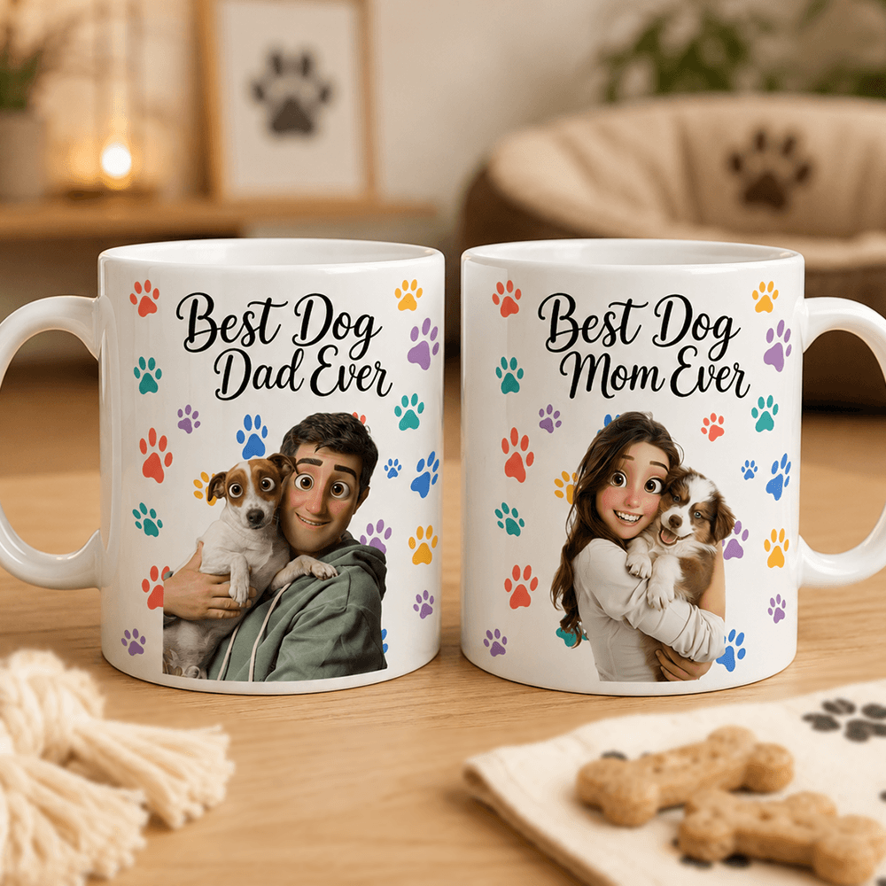 Personalized Dog Mom or Dad Mug, Custom Pet Portrait Ceramic Cup, Colorful Paw Print Gift for Dog Lovers
