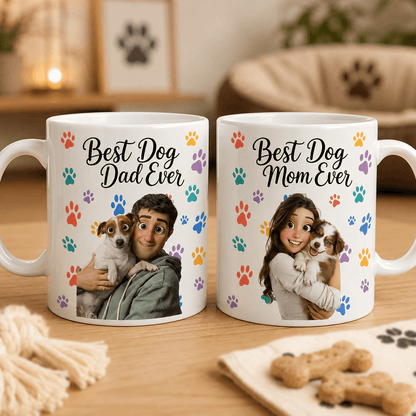 Personalized Dog Mom or Dad Mug, Custom Pet Portrait Ceramic Cup, Colorful Paw Print Gift for Dog Lovers