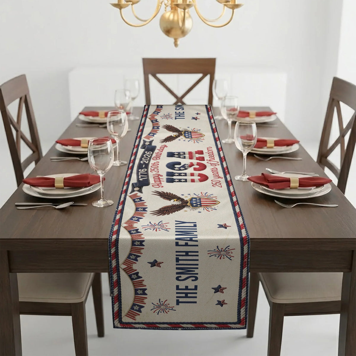 Personalized USA 250th Anniversary Table Runner with Patriotic Eagles & Fireworks - Unique Creative Gift for Family Hosts