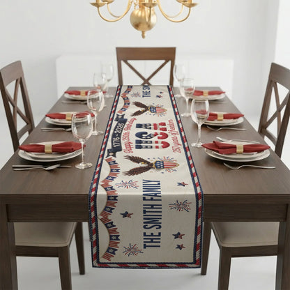 Personalized USA 250th Anniversary Table Runner with Patriotic Eagles & Fireworks - Unique Creative Gift for Family Hosts