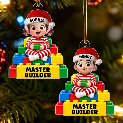 Personalized Acrylic Ornament, Little Master Builder by a Christmas Tree, Creative Gift for Son or Grandson