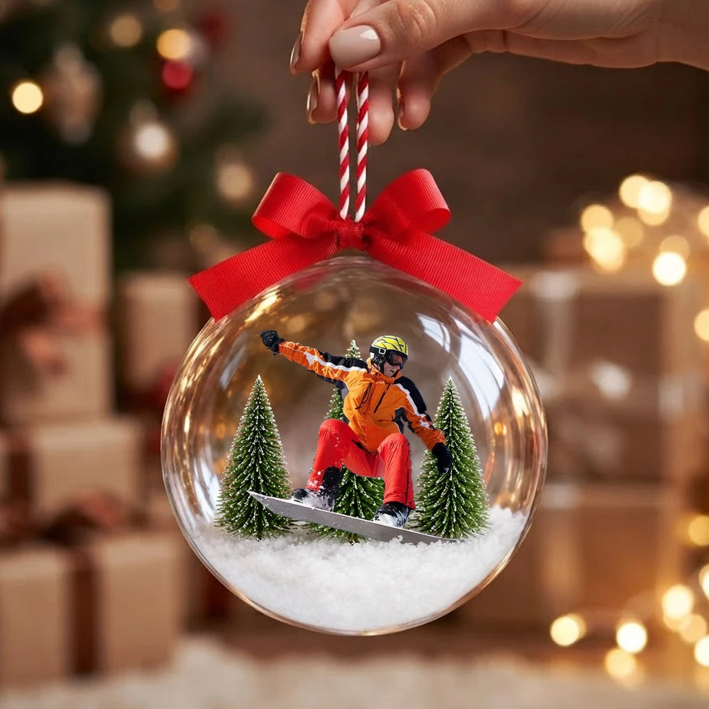 Personalized Acrylic Snow Globe Ornament, Snowboarder Riding Through Snowy Evergreens, Unique Christmas Gift for Winter Sports Fans