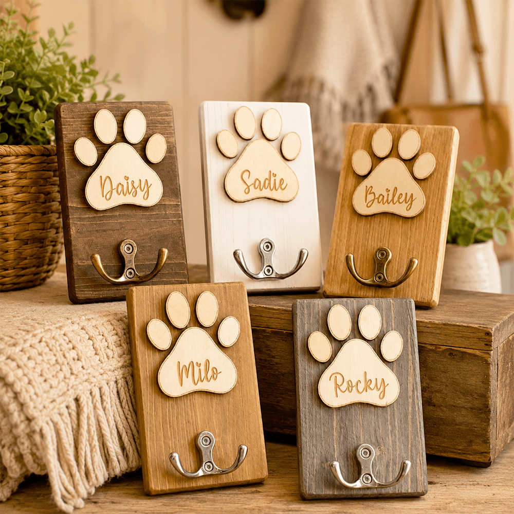 Personalized Wooden Pet Leash Holder with Paw Print Design, Custom Dog Leash Hook for Entryway Decor & Pet Lover Gift