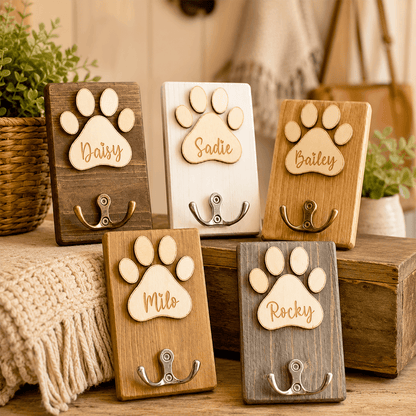Personalized Wooden Pet Leash Holder with Paw Print Design, Custom Dog Leash Hook for Entryway Decor & Pet Lover Gift