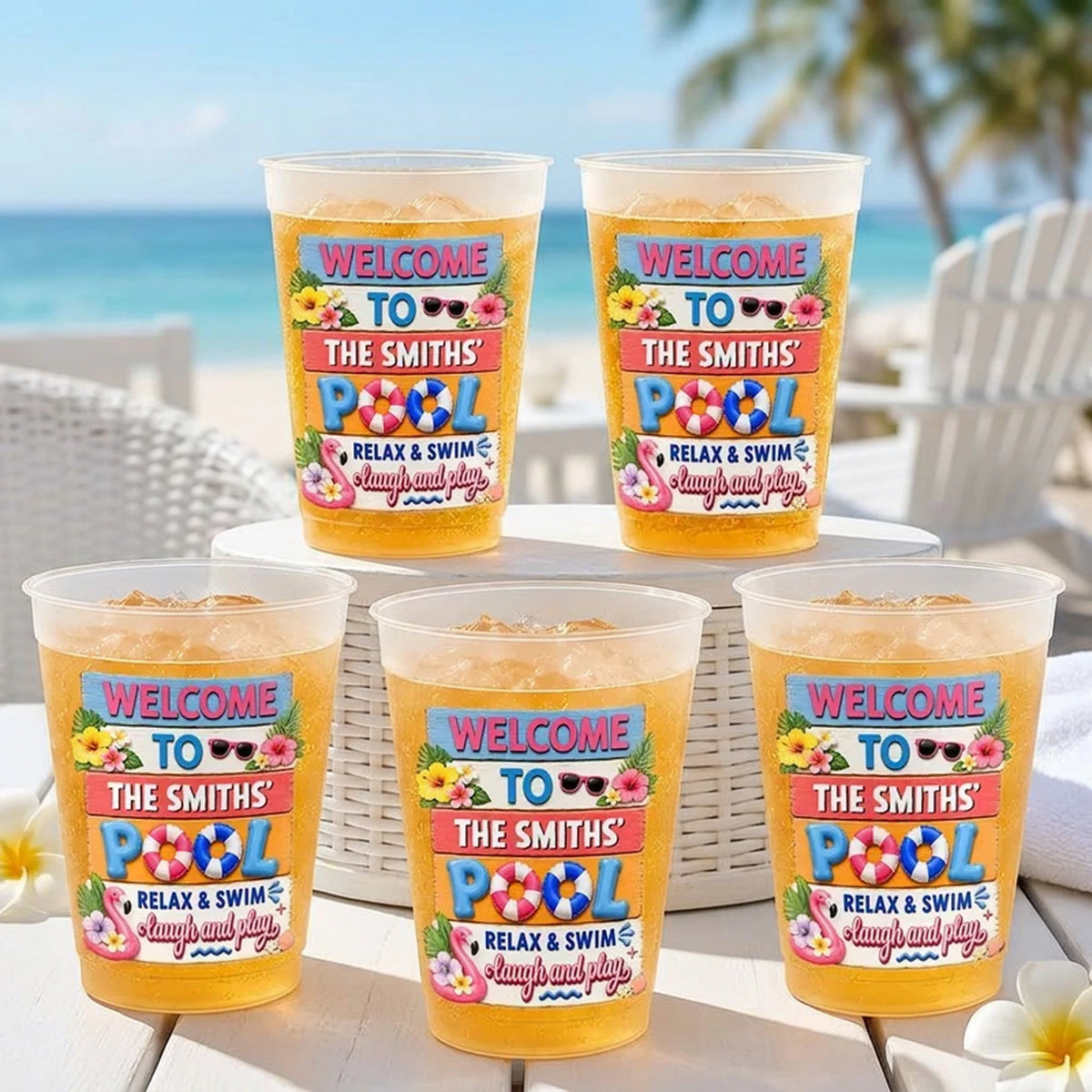 Personalized Frosted Plastic Cup With Tropical Pool Design, Unique Gift For Family Hosts