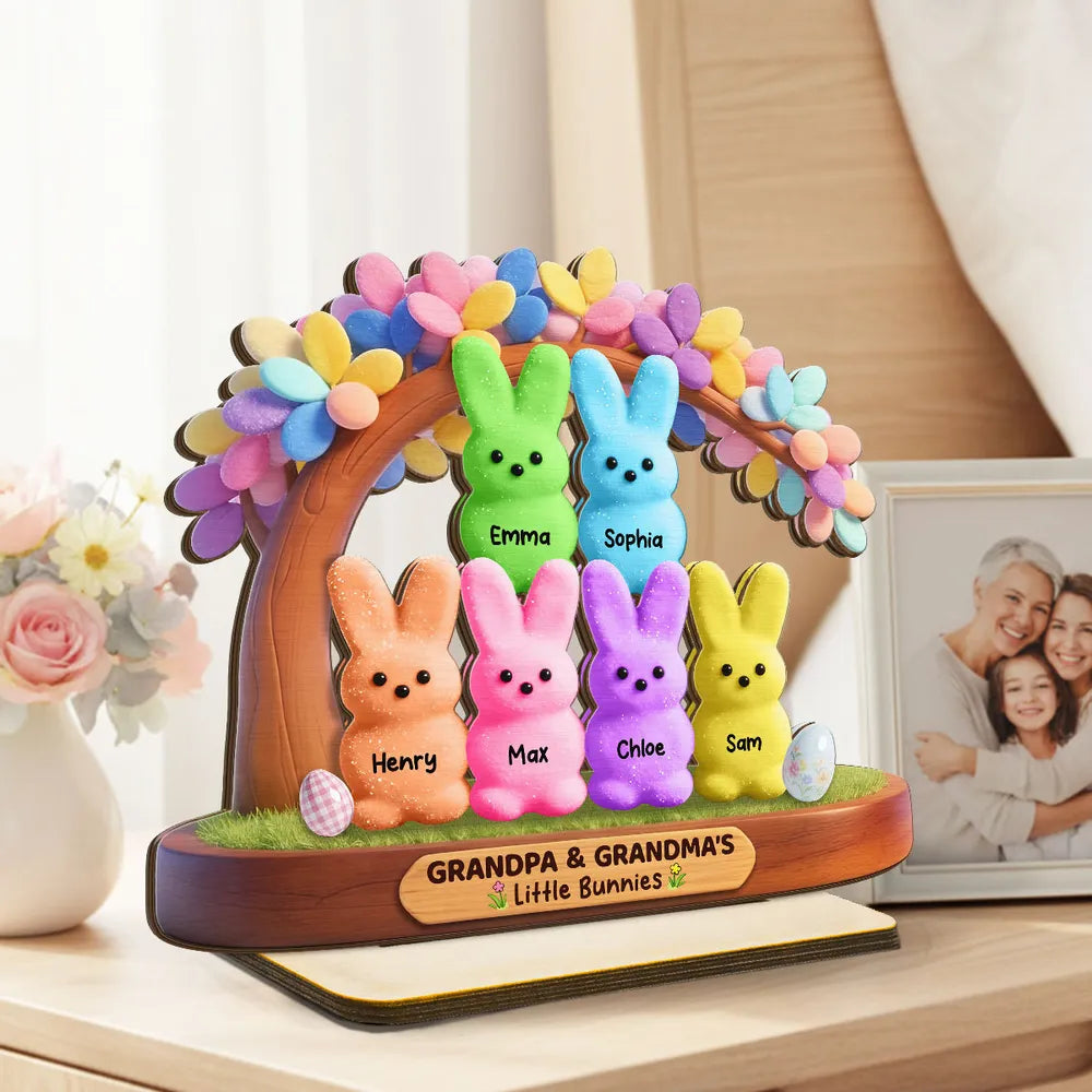Personalized 2-Layer Wooden Plaque for Grandpa & Grandma, Cute Bunny Family Under Flower Tree, Unique Gift