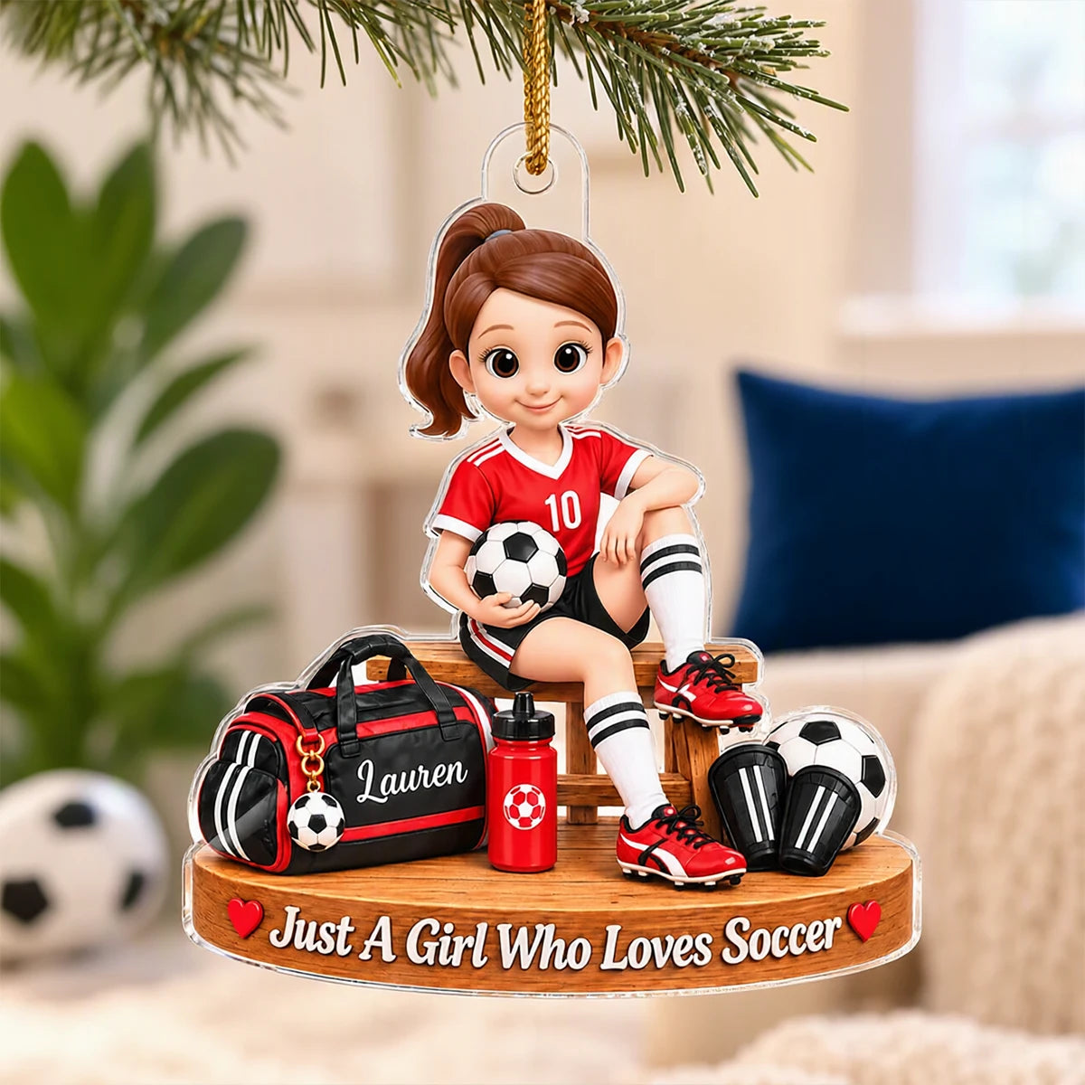 Personalized Acrylic Ornament, Red Cartoon Soccer Girl Holding a Ball, Unique Christmas Gift for Young Player