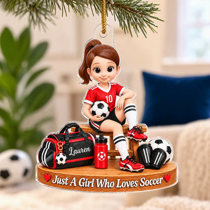 Personalized Acrylic Ornament, Red Cartoon Soccer Girl Holding a Ball, Unique Christmas Gift for Young Player