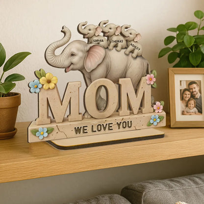 Personalized 2-Layer Wooden Plaque with Elephant Mom and Calves, We Love You Message, Unique Gift for Mom