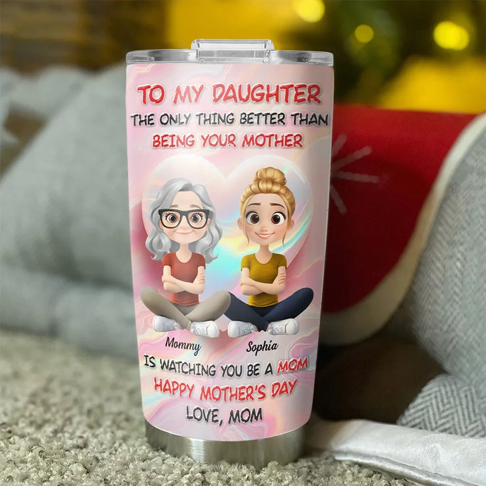 Personalized Insulated Travel Tumbler with Cute Mom and Daughter Cartoon, Heart Background, Unique Mother's Day Gift
