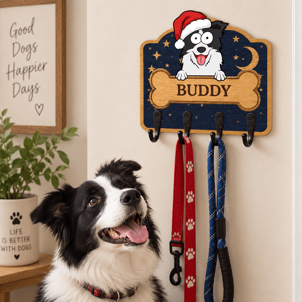 Personalized Dog Breed Key Holder, Custom Christmas Dog Key Rack with Name, Wooden Leash Holder Wall Decor, Perfect Gift for Dog Lovers