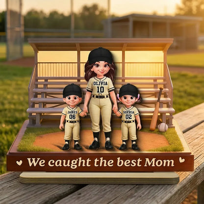 Personalized 2-Layer Wooden Plaque Baseball Bleachers Mom Holding Kids' Hands We Caught The Best Mom Unique Gift