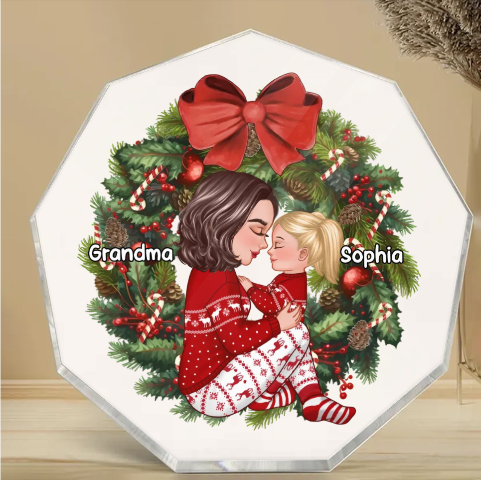 Grandma Mom Hugging Kid Sitting On Christmas Wreath Personalized Piggy Bank or Ornament or Plaque or Keychain or Poster