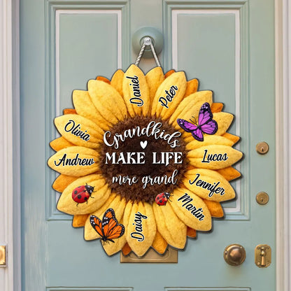 Grandkids Make Life More Grand Wooden Sign Personalized Sunflower With Butterflies Sweet Home Accent Gift for Grandparents
