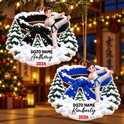 Personalized Karate Acrylic Ornament, High Kick in Snowy Pines, Unique Christmas Gift for Young Martial Artists