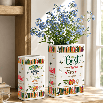 Personalized Ceramic Book Vase for Teachers, Custom Name Teacher Appreciation Gift, Unique Floral Bookshelf Decor
