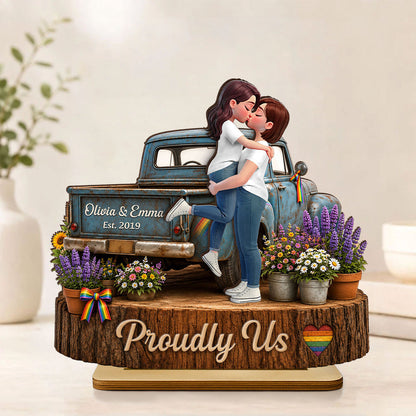 Personalized LGBT Couple 2-Layer Wooden Plaque, Kissing Pickup Truck Art, Proudly Us Creative Gift