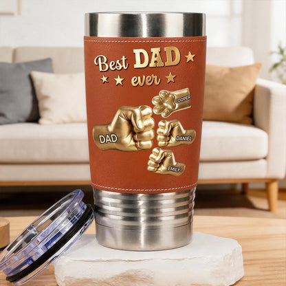 Custom Leather Wrapped Tumbler for Dad, Fist Bump & Paw Keepsake, Creative Gift from Family