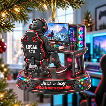 Personalized Acrylic Ornament, Boy Gaming in a Colorful Fantasy Scene, Creative Keepsake Gift for Son or Grandson