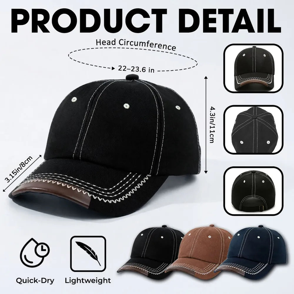 Leather Brim Cotton Cap, Custom Dad Style Baseball Look, Black Stitch Detail, Unique Gift for Dad
