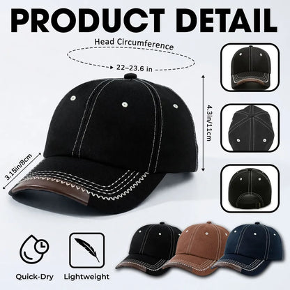 Leather Brim Cotton Cap, Custom Dad Style Baseball Look, Black Stitch Detail, Unique Gift for Dad