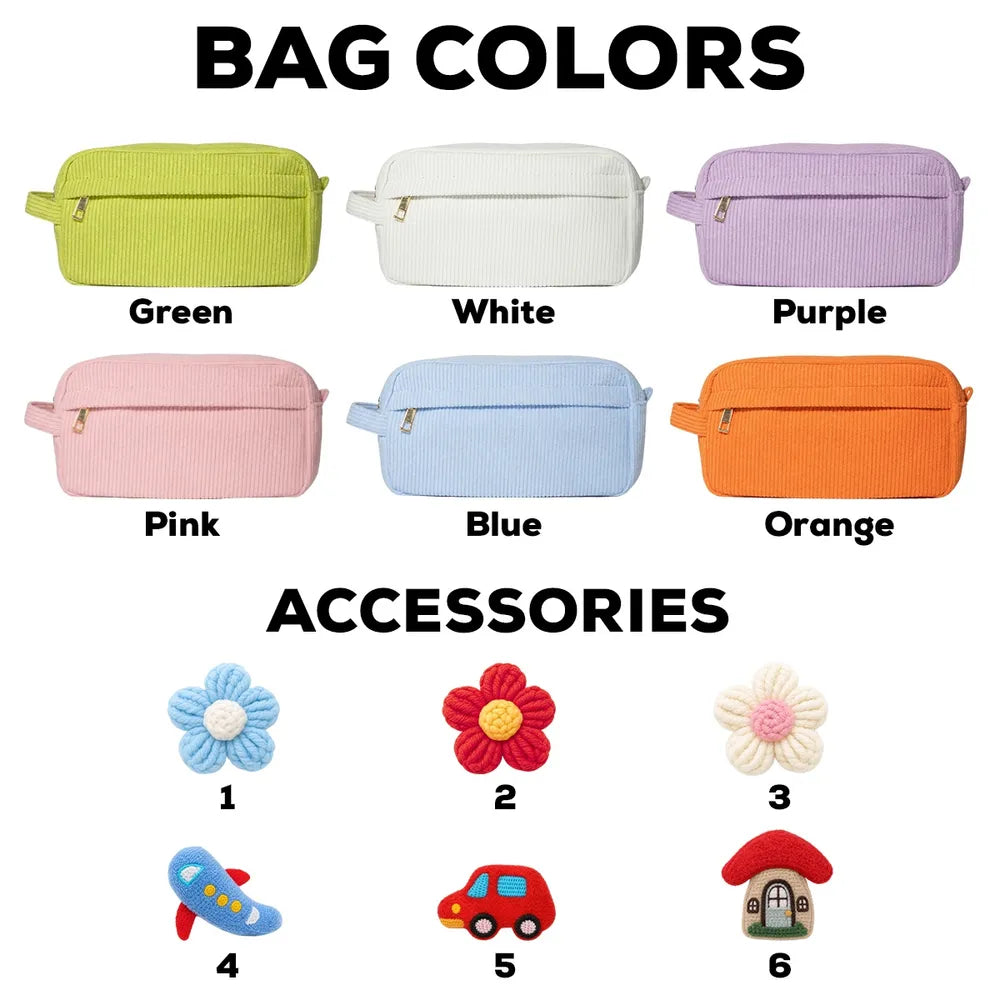 Crochet Corduroy Handbag with Colorful Lettering & Cute Icons, Personalized Gift for Kids & Friends