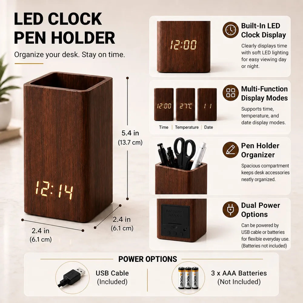Personalized Wooden Pen Holder Clock, Unique Creative Gift for Partner with Holding Hands Design