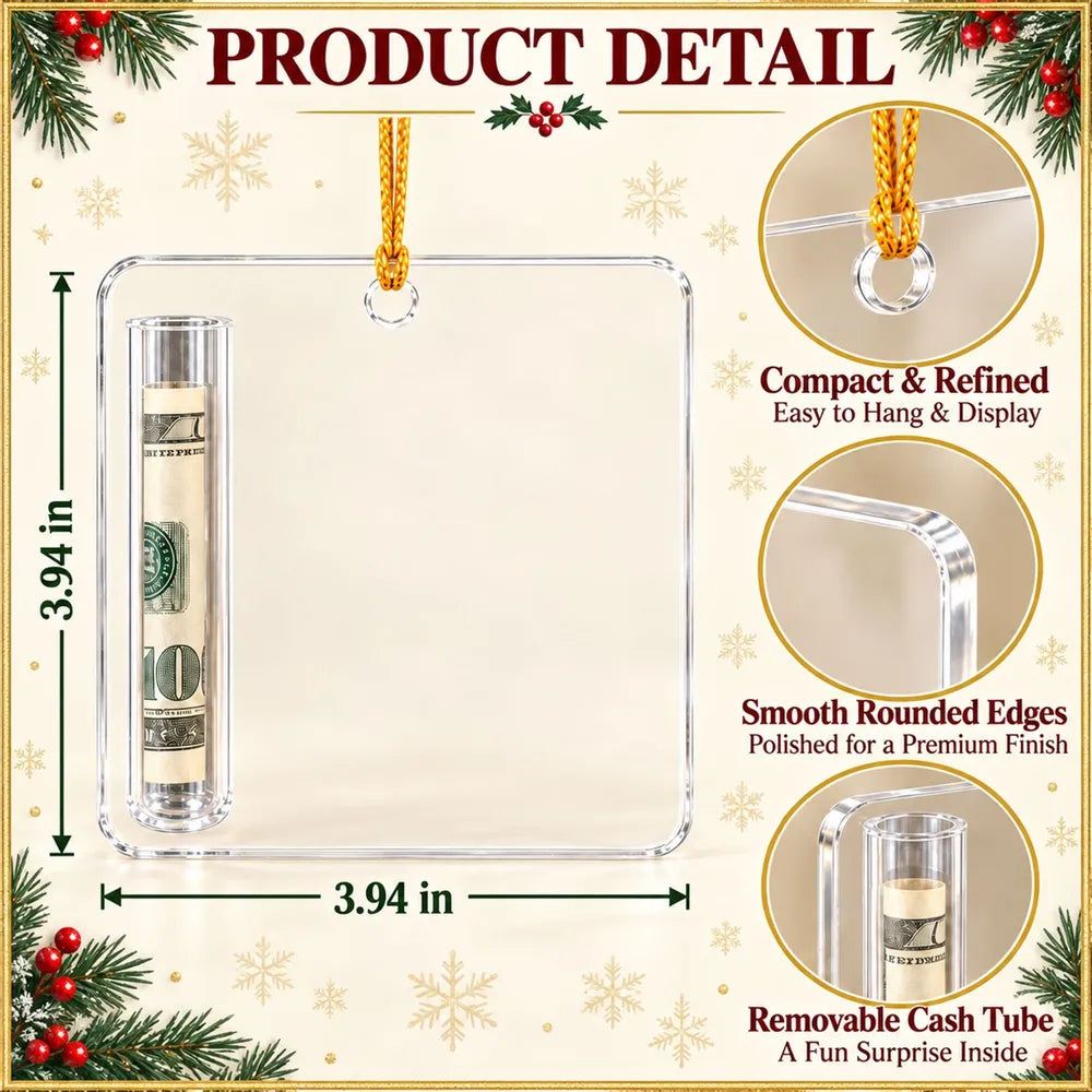 Personalized Acrylic Money Holder Ornament, Snowman or Penguin Christmas Scene, Unique Cash Gift