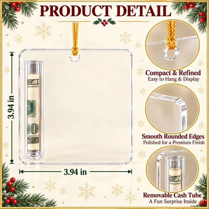 Personalized Acrylic Money Holder Ornament, Snowman or Penguin Christmas Scene, Unique Cash Gift