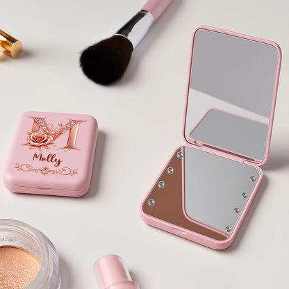 Personalized LED Pocket Mirror, Floral Design for Makeup Touch-Ups at a Sunny Cafe, Unique Gift for Her