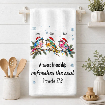 Personalized Kitchen Towel, Colorful Birds Perched on Evergreen, Unique Creative Gift for a Close Friend