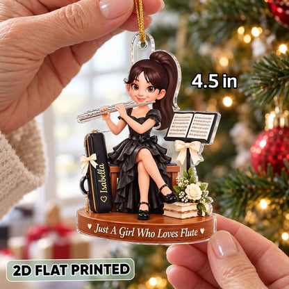 Personalized Acrylic Ornament, Cute Girl Playing Flute on a Christmas Tree, Unique Gift for Daughter or Granddaughter