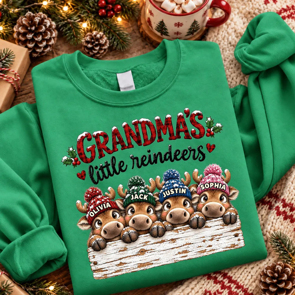 Personalized Grandma Sweatshirt with Cute Peeking Reindeer, Red Plaid Christmas Design, Unique Gift for Grandma